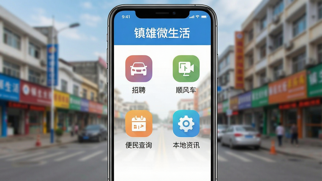 手机屏幕中央展示“镇雄微生活”应用主界面,界面包含招聘、顺风车、便民查询、本地资讯四个功能入口图标,背景为镇雄城市街景虚化图,布局居中对称,风格清爽现代,细节清晰,画质干净,无多余元素