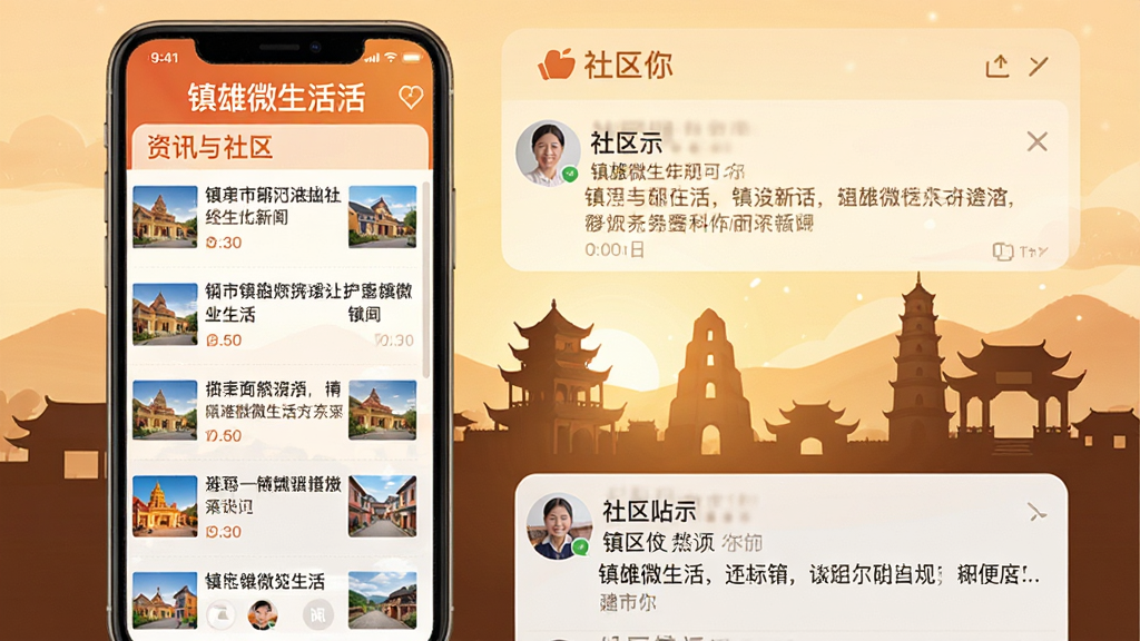 “镇雄微生活”资讯与社区界面,手机屏幕左侧显示新闻列表右侧显示社区帖子,背景有镇雄地标建筑剪影,布局左右分栏,风格温暖生活化,细节清晰,画质干净,无多余元素