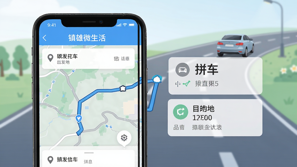 “镇雄微生活”顺风车功能界面,手机屏幕显示出发地到目的地的路线图与拼车信息卡片,背景有汽车与道路元素,布局上下结构,风格简约清新,细节清晰,画质干净,无多余元素