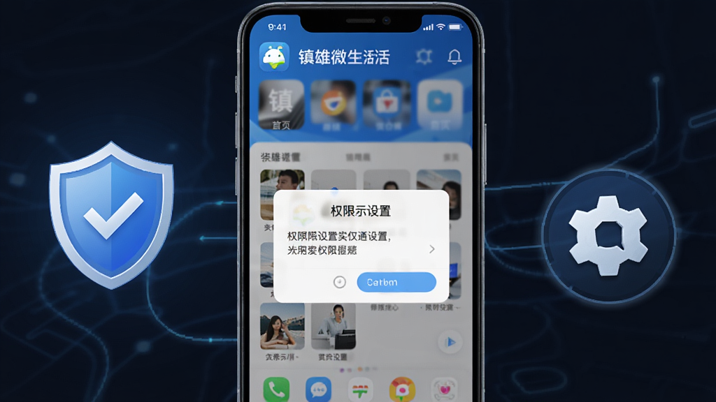 “镇雄微生活”安卓手机安装与使用场景示意图,手机屏幕显示应用首页与权限设置弹窗,旁边有盾牌安全图标与齿轮设置图标,布局居中,风格简洁科技感,细节清晰,画质干净,无多余元素