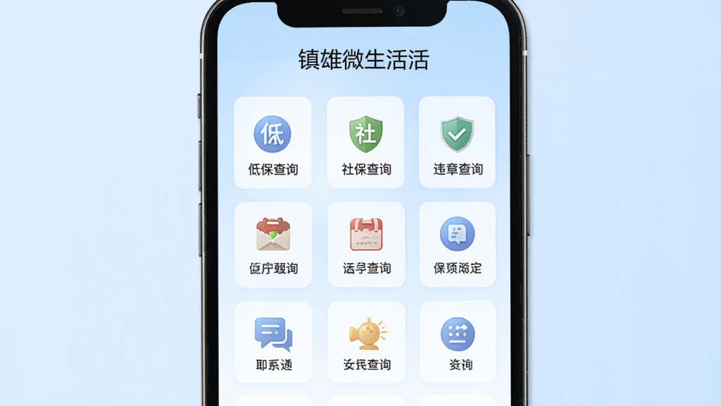 “镇雄微生活”便民查询页面,手机屏幕展示低保查询、社保查询、违章查询等多个服务图标网格,背景为淡蓝色渐变,布局网格排列,风格素雅极简,细节清晰,画质干净,无多余元素