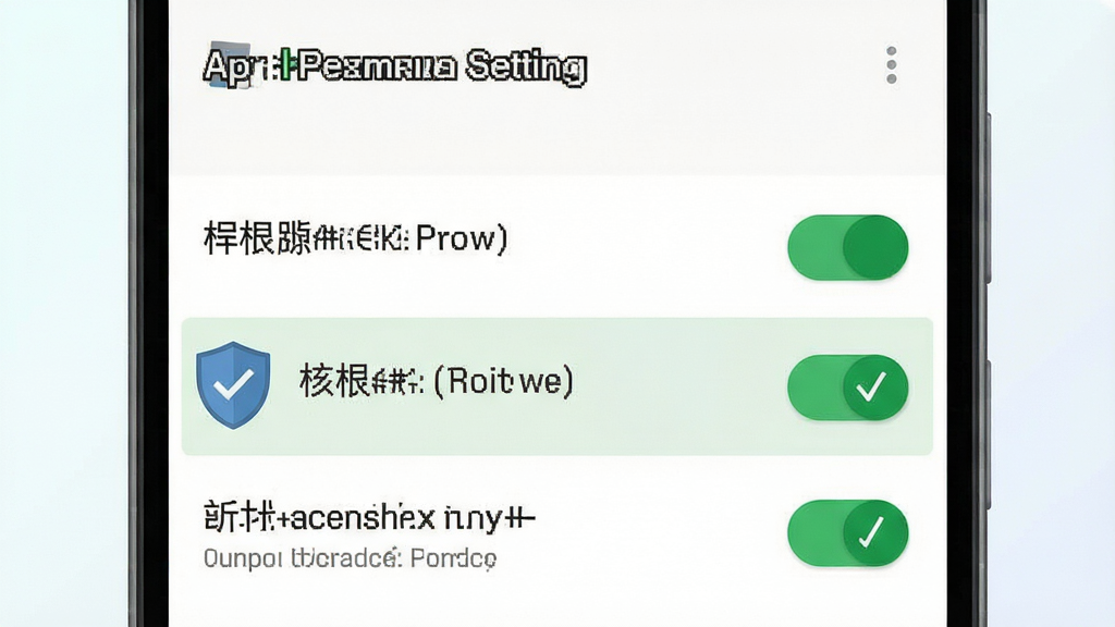 一张展示安卓手机权限设置界面的示意图,画面中手机屏幕显示应用权限管理列表,存储权限选项被高亮标注,旁边配有盾牌图标与勾选标记,背景为浅色渐变,构图采用居中特写,风格简洁直观,细节突出权限开关的绿色状态与界面文字清晰度,画质干净锐利,画面无多余装饰元素