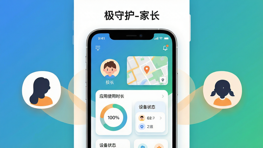 画面主体为一部竖屏智能手机,屏幕中央显示极守护-家长应用主界面,界面包含孩子头像、位置地图缩略图、应用使用时长环形图与设备状态卡片;布局采用居中对称构图,手机两侧分别悬浮着家长与孩子的卡通剪影图标,通过柔和光线连线连接;排版干净利落,顶部留白区域放置软件名称文字