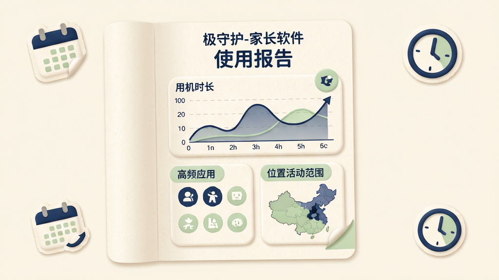 画面主体为一份展开的纸质报告样式卡片,卡片顶部印有极守护-家长软件名称与