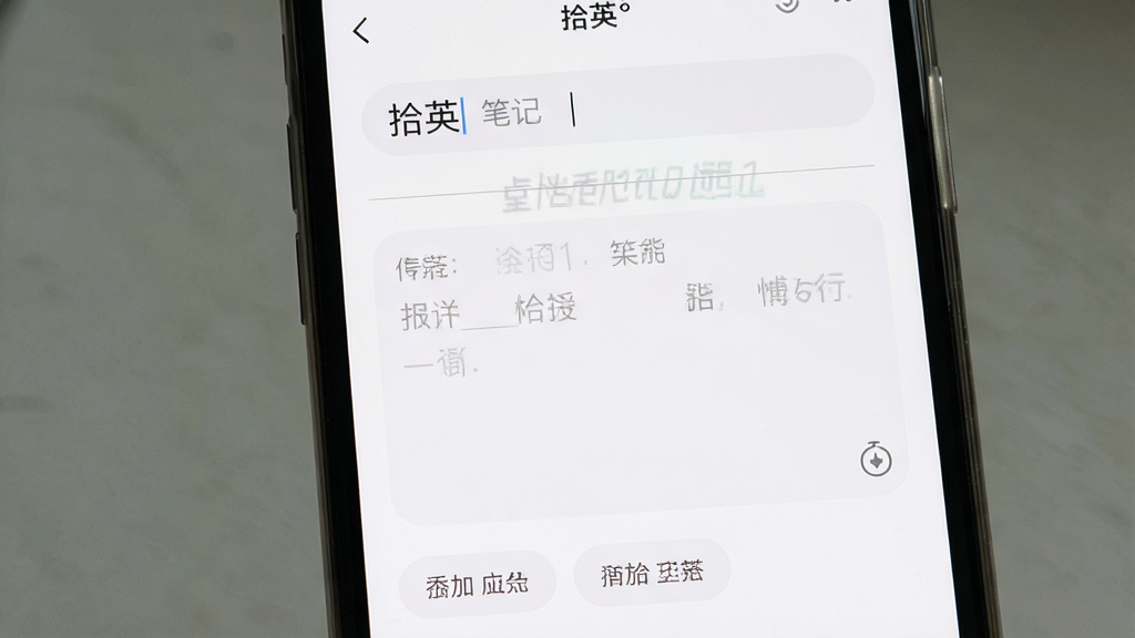 软件“拾英”的笔记记录功能界面特写,主体为一部手机屏幕显示简洁的笔记编辑页面,布局为屏幕居中,上方是笔记标题输入框,中部是正文文本区域,下方是标签添加按钮,排版为纵向排列层次分明,风格为极简浅色系设计,细节包含细线分隔、淡灰色占位文字、圆角输入框,画质清晰,画面干净,无多余元素