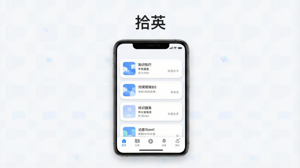 一款名为“拾英”的安卓手机学习工具软件界面展示,主体为手机屏幕居中放置,屏幕上显示简洁的知识卡片列表与底部导航栏,布局为上下结构上方是软件名称“拾英”文字标题,下方是手机界面特写,排版清晰留白充足,风格为现代扁平化UI设计,细节包含柔和阴影、圆角卡片、浅色背景,画质高清,画面干净,无多余元素