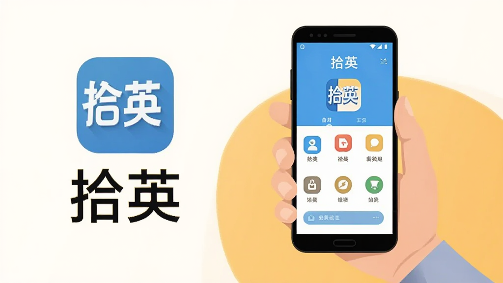 软件“拾英”在安卓手机上的安装与使用场景插画,主体为一只手握持手机屏幕显示“拾英”应用主界面,布局为手机居中偏右人物手部从画面右下角伸入,左侧留白处放置软件图标与“拾英”文字,排版为横向构图左文右图,风格为扁平插画风,细节包含简洁的图标、柔和的背景色块、清晰的界面元素,画质高清,画面干净,无多余元素