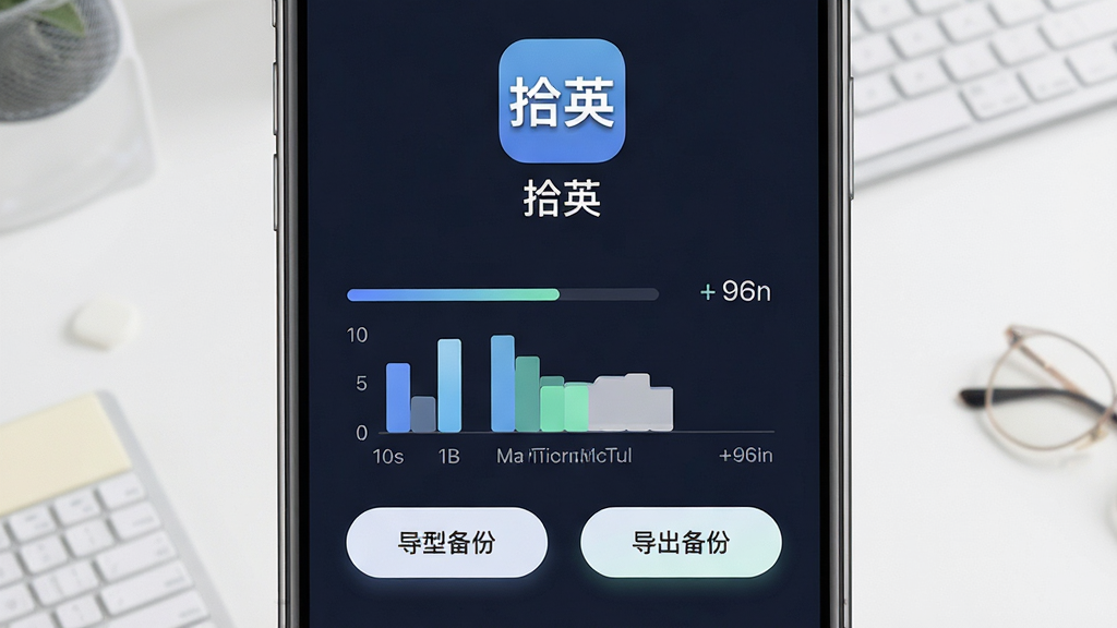 软件“拾英”的数据管理界面展示,主体为手机屏幕显示本地存储空间使用情况与导出备份按钮,布局为居中构图屏幕占据画面主要位置,上方是“拾英”软件图标与名称,下方是存储条形图与功能按钮,排版简洁明了,风格为清爽浅色商务风,细节包含进度条、数据统计数字、圆角按钮,画质高清,画面干净,无多余元素