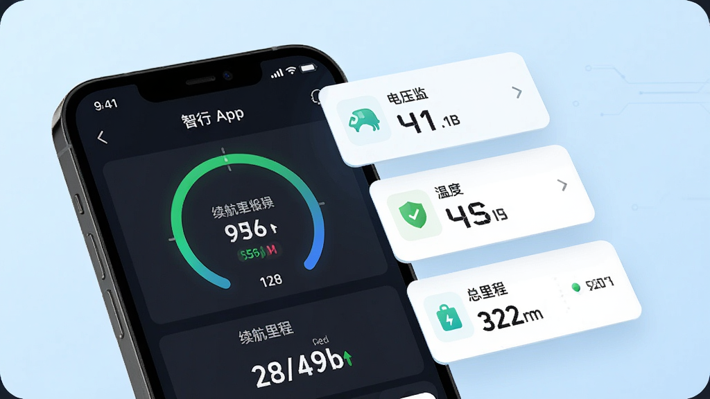 电动车智行车辆状态监测功能示意图,主体为手机屏幕特写,屏幕内显示电动车智行App的电量环形图表与续航里程数字,旁边以悬浮卡片形式呈现电压、温度、总里程等数据,背景为浅蓝色渐变,风格清新科技,排版整齐,画质清晰,无杂乱装饰