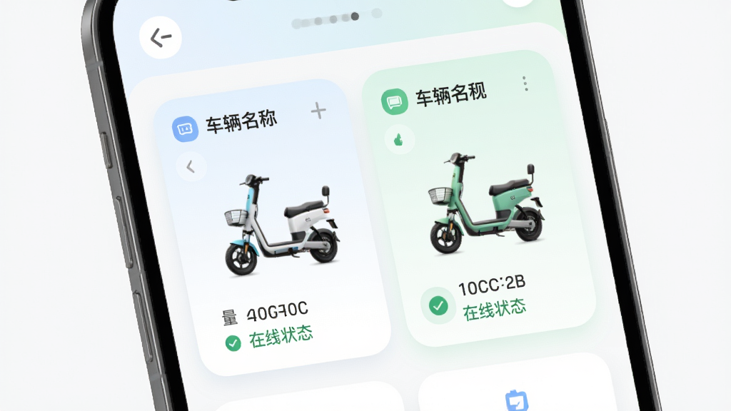 电动车智行多车管理界面示意图,主体为手机屏幕内并排展示两张电动车卡片,每张卡片包含车辆名称、电量与在线状态,界面采用柔和圆角卡片设计,配色清爽,布局规整,画质细腻,无多余装饰元素