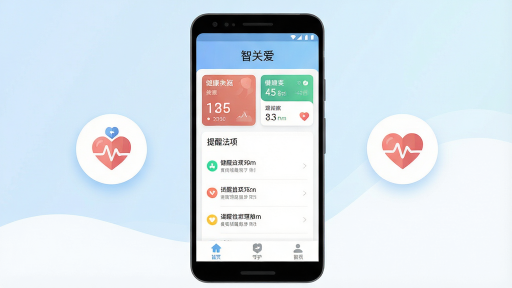 画面中央放置一部竖屏安卓手机,手机屏幕上显示简洁的健康管理应用首页界面,界面顶部有“智关爱”字样,中部有健康数据卡片与提醒事项列表,底部为三个导航图标。手机周围以柔和的浅蓝与白色渐变背景衬托,左侧漂浮一个圆形健康记录图标,右侧漂浮一个爱心守护图标。整体采用扁平化插画风格,细节干净,构图居中对称,画质清晰锐利,背景无多余元素。