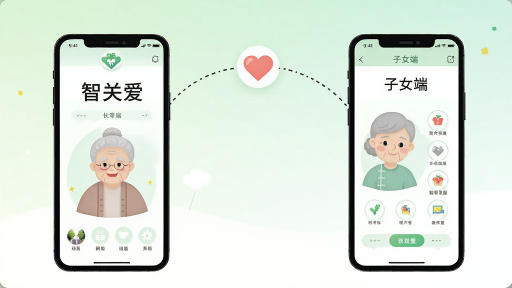 画面中央是两部并排的手机,左侧手机屏幕显示“智关爱”的长辈端界面,右侧手机屏幕显示子女端界面,两部手机之间以一条虚线弧线连接,弧线中间有一个爱心图标。背景为柔和的浅绿色与白色渐变,整体采用扁平化插画风格,构图左右对称,细节干净,画质清晰,无多余装饰元素。
