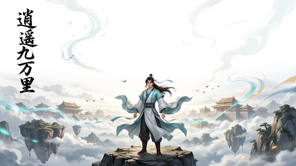 画面主体为一位身着青白色仙袍的年轻修士立于悬浮山峰之巅,背后是层叠云海与远处金色宫阙,布局采用中心对称构图,修士位于画面下方三分之一处,上方留白展现辽阔天空,排版上左上角以竖排书法字体书写
