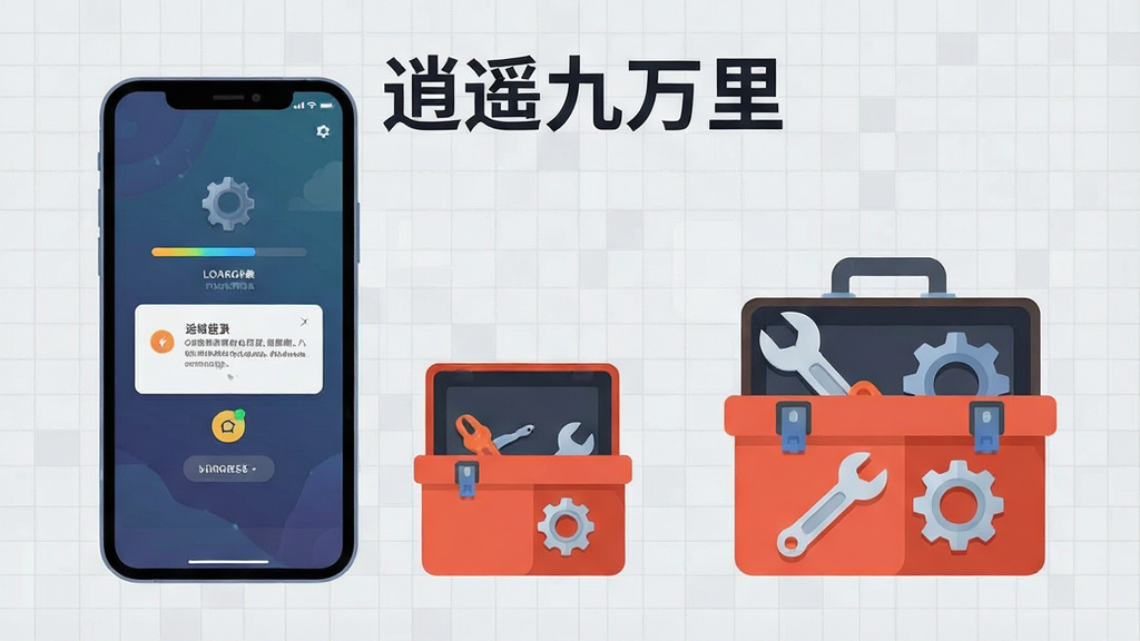 画面主体为一部智能手机屏幕显示游戏登录界面与权限弹窗提示,旁边放置一个打开的工具箱图标代表问题排查,布局采用左右分栏,左侧手机右侧工具箱,排版上方居中书写