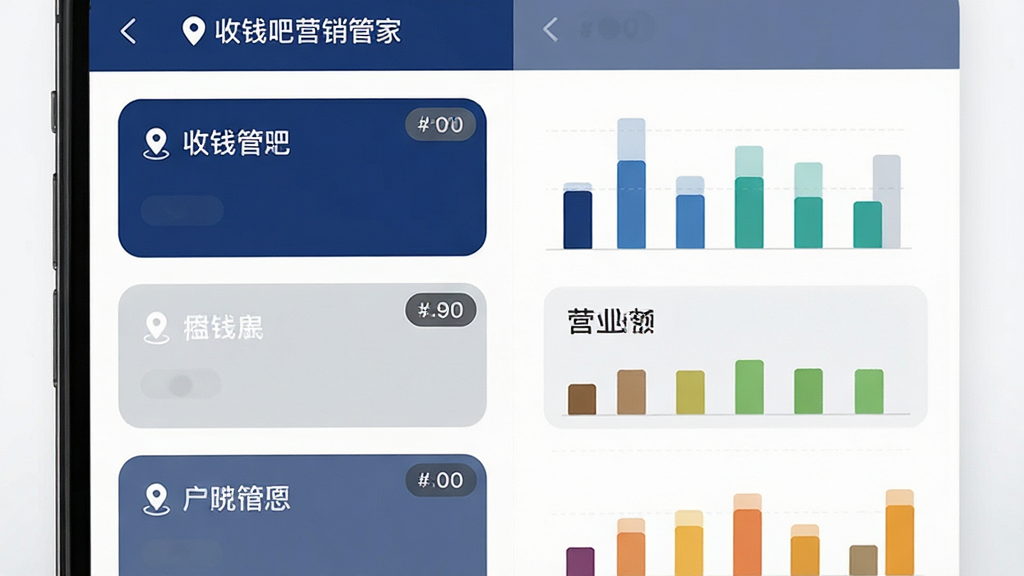 画面主体是一部手机屏幕展示“收钱吧营销管家”多门店管理列表,左侧列出三家门店名称卡片,右侧对应显示各店营业额柱状图;布局为左右分栏式手机界面;排版整洁,卡片圆角排列;风格为简约商务扁平风,深蓝与浅灰配色;细节上每个门店卡片带定位图标与数字标签,柱状图颜色区分明显;画质清晰,画面干净,无多余元素