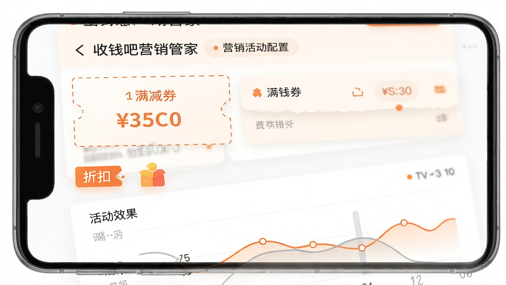 画面主体是手机界面展示“收钱吧营销管家”营销活动配置页,屏幕中有满减券卡片、折扣标签与活动效果折线图;布局为上下结构,上方活动卡片,下方数据图表;排版层次分明;风格为清新浅色系扁平风,白色背景配橙色点缀;细节上券面有虚线边框与金额数字,图表线条流畅;画质高清,画面干净,无多余元素