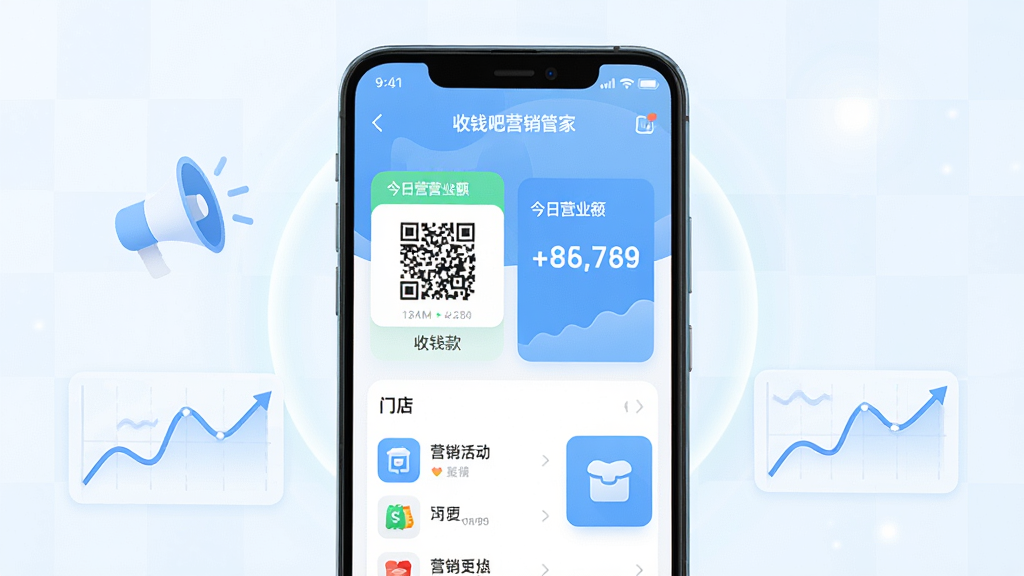 画面主体是一部竖屏安卓手机,屏幕中央显示“收钱吧营销管家”应用主界面,界面包含收款码、今日营业额数字卡片、门店列表与营销活动入口;手机两侧布局收款播报小喇叭图标与数据折线图元素;整体排版为居中构图,手机略微倾斜展示;风格为清爽扁平化科技商务风,浅蓝与白色为主色调;细节上屏幕内文字清晰、图标圆润、背景有淡色网格与光晕;画质高清,画面干净,无多余元素