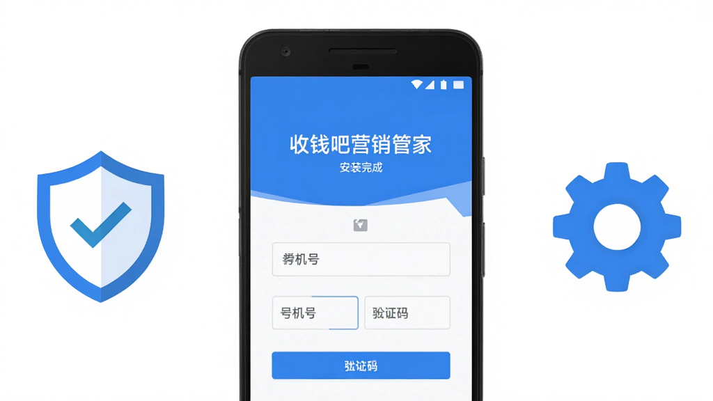 画面主体是一部安卓手机显示“收钱吧营销管家”安装完成后的登录界面,屏幕旁放置一个盾牌安全图标与齿轮设置图标;布局为手机居中,两侧图标对称分布;排版简洁;风格为扁平化安全提示风,蓝白配色;细节上登录框有手机号与验证码输入栏,盾牌带对勾符号;画质高清,画面干净,无多余元素