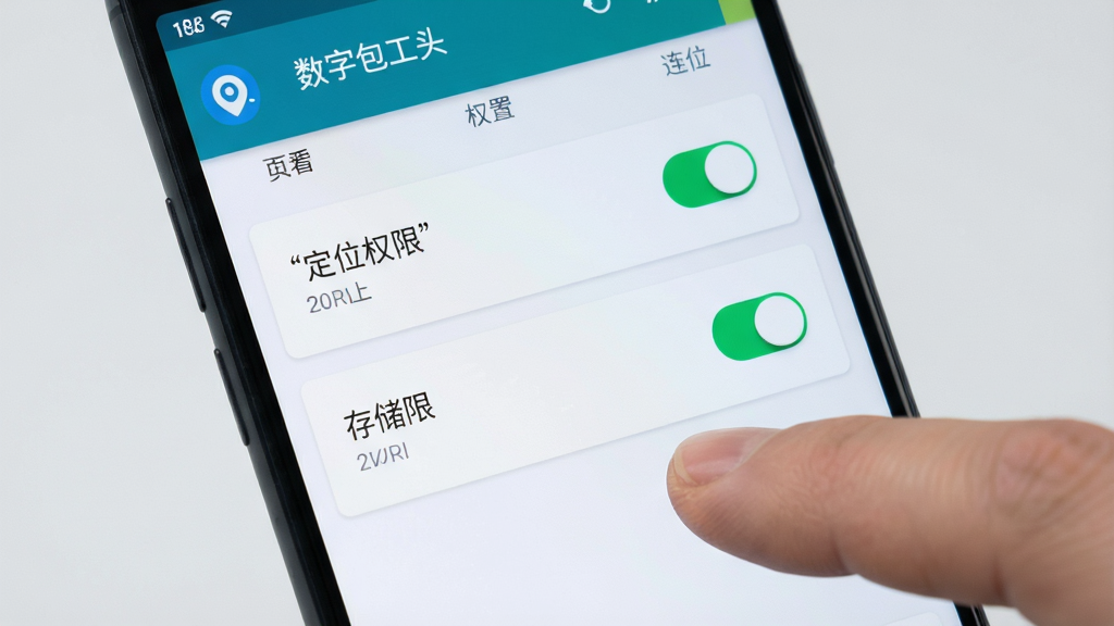 画面主体为一部安卓手机屏幕特写,显示数字包工头App的权限设置页面,包含定位和存储权限开关;布局采用居中构图,手机屏幕占据画面主要区域;排版上权限选项清晰排列,界面文字用引号标注“定位权限”;风格为科技简约风,背景为浅灰色;细节包括手指点击屏幕的动作、权限开关状态;画质清晰,干净,无多余元素