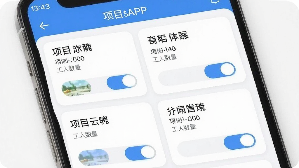 一张展示手机应用多项目管理界面的图片,画面主体为工地工时通APP的项目列表页面,布局上屏幕中显示多个工地项目卡片,风格为简洁卡片式设计,细节包含项目名称、工人数量和切换按钮,画质清晰干净,无多余元素
