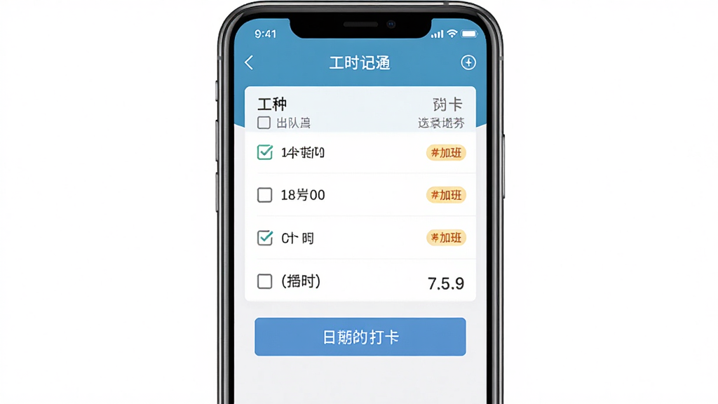 一张展示手机应用界面的图片,画面主体为工地工时通APP的工时记录页面,布局上屏幕中央显示工种列表和日期打卡按钮,风格为扁平化UI设计风格,细节包含出勤勾选、加班标记和工时数字,画质清晰干净,无多余元素