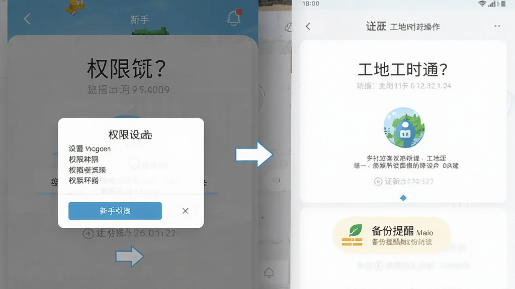 一张展示手机应用操作指引的图片,画面主体为工地工时通APP的新手引导页面,布局上屏幕中央显示步骤提示和箭头指示,风格为简洁明快的UI设计,细节包含权限设置弹窗和备份提醒图标,画质清晰干净,无多余元素