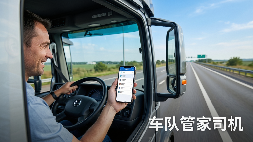 画面主体为一辆现代化的重型卡车行驶在宽阔的高速公路上,驾驶室内一位司机正微笑着注视前方手机屏幕,手机屏幕显示简洁的车队任务列表界面;布局采用三分法构图,卡车位于画面左侧三分之一处,右侧为延伸的公路与蓝天;排版上软件名称“车队管家司机”以白色半透明字体置于画面右下角;风格为写实商业摄影风格,光线明亮自然,细节丰富,画质清晰干净,无多余杂乱元素。