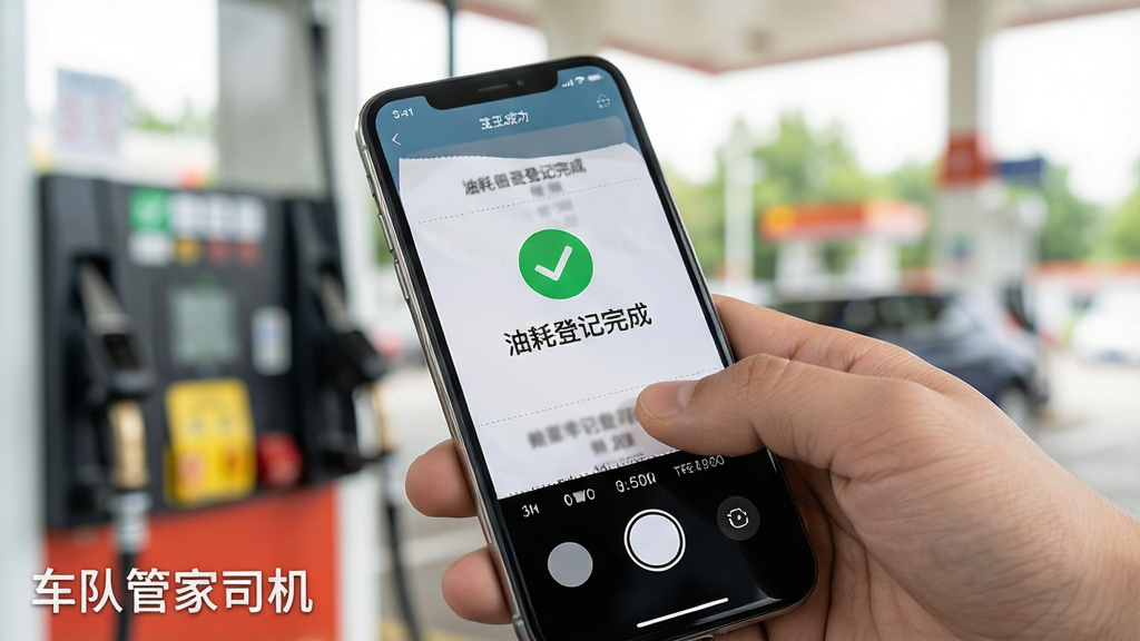 画面主体为一只手拿着加油小票对着手机摄像头拍摄,手机屏幕显示费用登记成功界面,界面上有绿色对勾图标与“油耗登记完成”字样;布局采用微距特写构图,小票与手机占据画面中心,背景虚化为加油站环境;排版上软件名称“车队管家司机”以水印形式出现在画面左下角;风格为商业产品摄影风格,光线明亮柔和,细节锐利,画质清晰干净,无多余元素干扰。