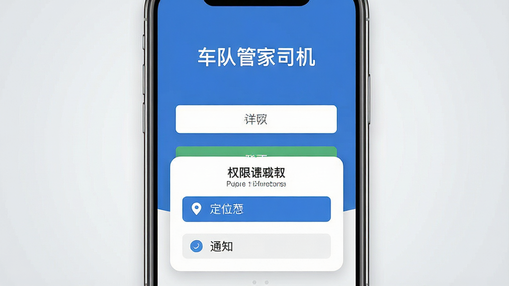 画面主体为一部手机屏幕显示车队管家司机登录界面,界面下方弹出权限请求弹窗,包含定位与通知两个权限选项;布局采用居中构图,手机占据画面主要位置,背景为浅灰色渐变;排版上软件名称“车队管家司机”以白色字体显示在登录页顶部;风格为扁平化UI展示风格,色彩清爽简洁,细节清晰,画质干净锐利,无多余装饰元素。