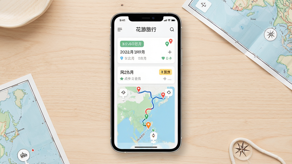 一款名为“花游旅行”的手机应用主界面展示图,画面中央是手机屏幕,屏幕内呈现旅行行程卡片列表与地图路线示意,布局为居中构图,背景为浅色木质桌面与旅行地图元素,风格清新简约,细节包括行程日期标签、地点图标、花费小标签,画质高清,干净,无多余元素