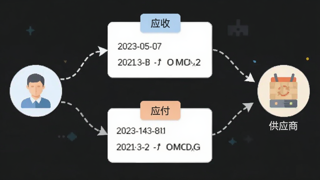 画面主体为一组往来账款关系示意图,左侧客户图标与右侧供应商图标通过带箭头的虚线连接,中间悬浮“应收”“应付”标签卡片,卡片上显示日期与金额占位符;整体为浅色扁平化信息图风格,布局横向展开,细节简洁,画质清晰,背景干净无干扰