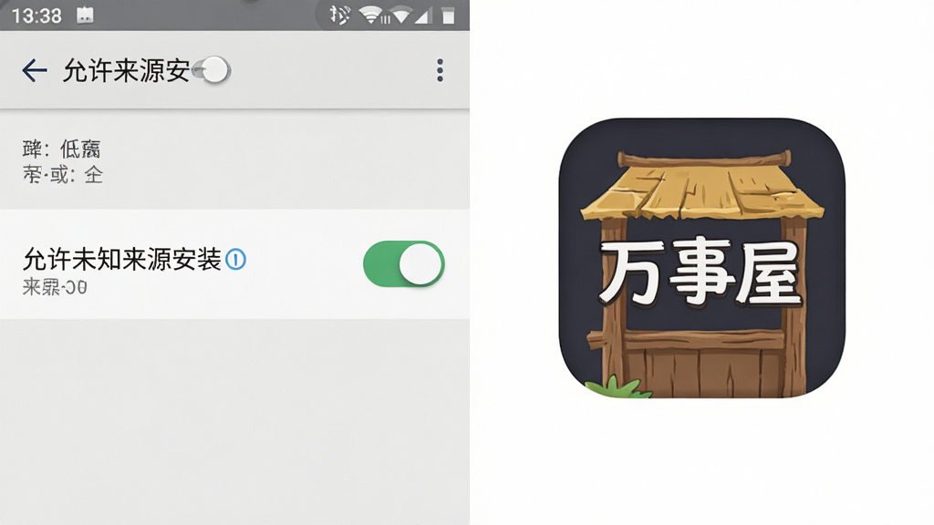 一张手机操作示意图,画面展示安卓手机设置界面中“允许未知来源安装”的开关位置,旁边配有“万事屋”应用图标,布局为左右分栏,风格写实清晰,细节明确,画质高清,干净,无多余元素