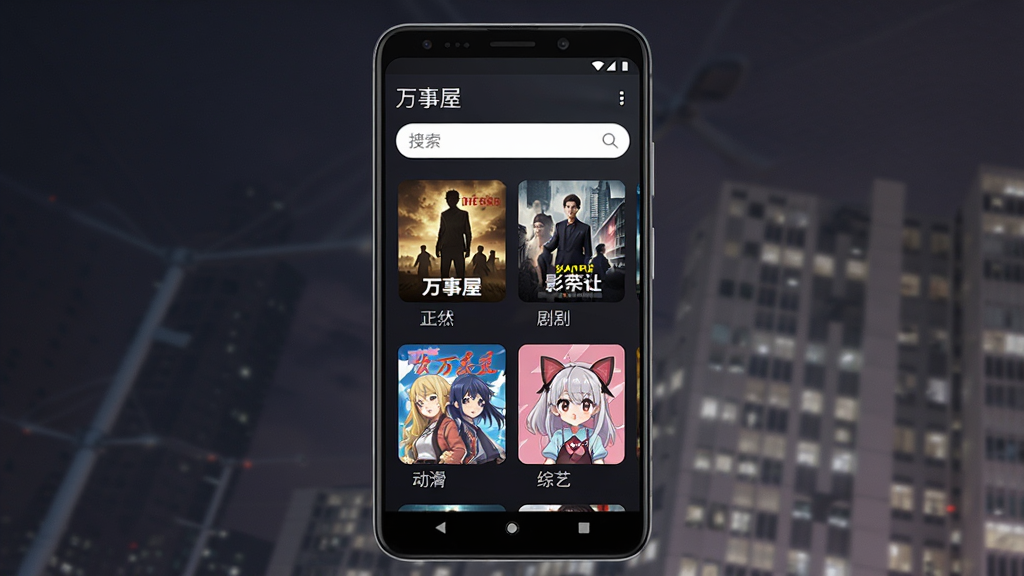 一张手机应用界面展示图,画面中央是一部竖屏安卓手机,屏幕内显示“万事屋”影视搜索首页,顶部有搜索框,下方为电影、剧集、动漫、综艺四个分类入口,背景为深色渐变风格,排版整齐,风格现代简洁,细节清晰,画质高清,干净,无多余元素
