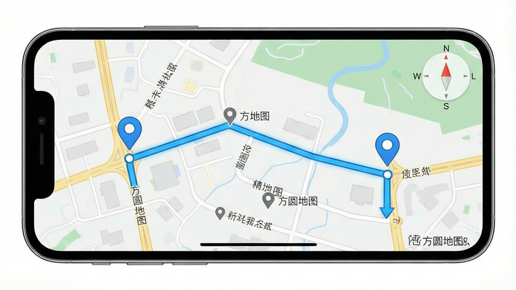 一张展示地图路线规划的画面,画面为手机横屏显示地图界面,地图上有一条高亮蓝色路线连接两个标记点,路线两侧分布着道路名称与地标图标,画面右上角有一个罗盘方位指示器,整体布局以地图为主体铺满画面,风格简洁实用,细节上路线线条流畅、标记点清晰,画质干净,无多余装饰元素,图片中可出现“方圆地图”字样