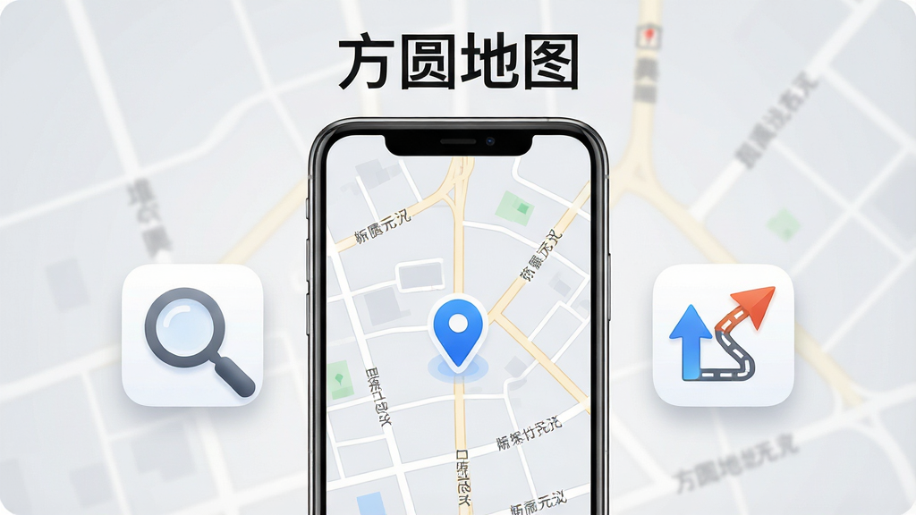 一张展示手机地图应用的画面,画面中央是一部竖屏智能手机,屏幕上显示简洁的城市地图界面,地图上有蓝色定位光标与周边道路名称,手机两侧漂浮着放大镜图标和路线指示箭头,背景为浅灰色渐变,整体风格清爽现代,细节上突出地图线条清晰、图标圆润,画质干净锐利,无多余元素,图片上方用文字标注“方圆地图”