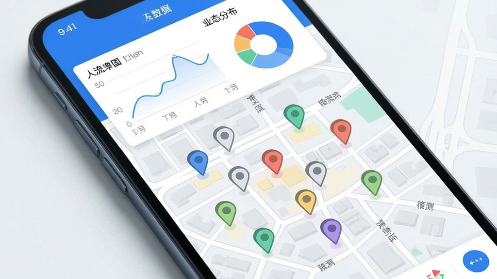 一张手机屏幕展示地图界面,地图上有多个彩色标记点分布在商圈街道上,屏幕上方显示数据面板,包含人流曲线和业态分布饼图,画面风格为简洁现代的移动应用界面展示,蓝白配色,干净清爽,无多余元素,高清画质