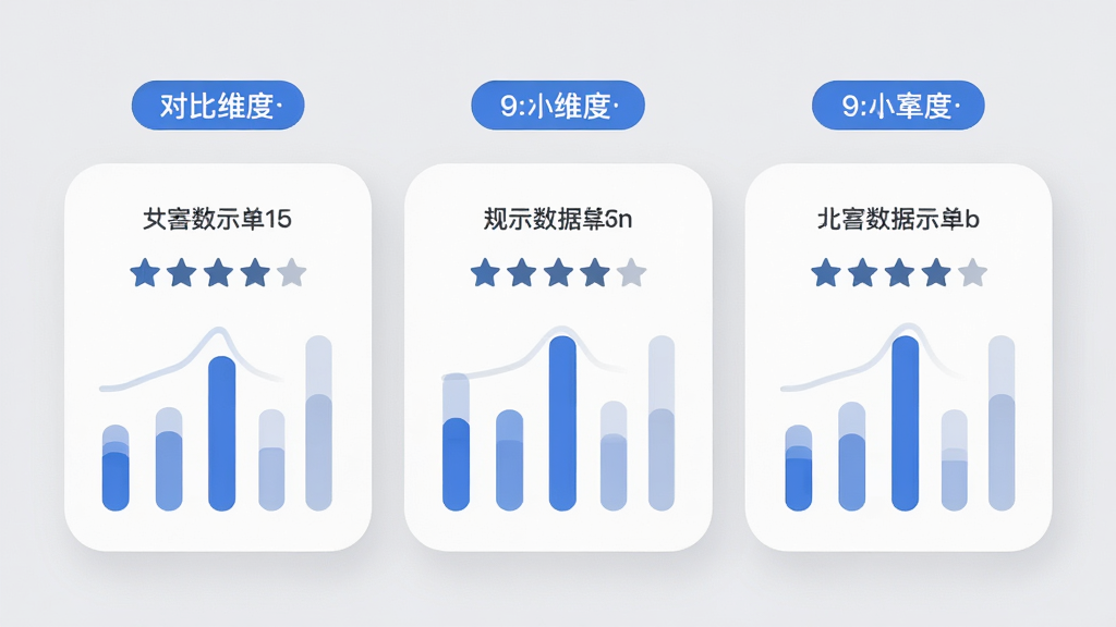 移动端界面展示三个地址卡片并排对比,每张卡片上有评分星级和数据条形图,顶部有对比维度标签,画面风格为柔和圆角卡片设计,浅灰底色配蓝色强调色,布局对称,高清画质,干净整洁