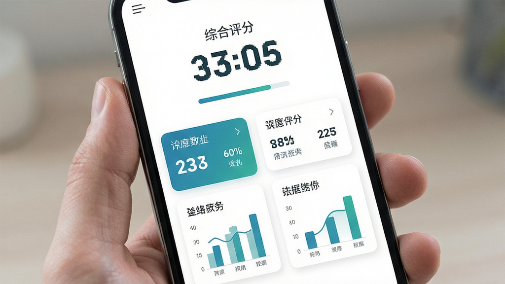 手机屏幕展示一份图文报告页面,顶部有综合评分大数字,下方为多个数据模块和简易图表,界面风格清爽素雅,白色背景配蓝绿色点缀,排版层次分明,高清画质,无多余装饰