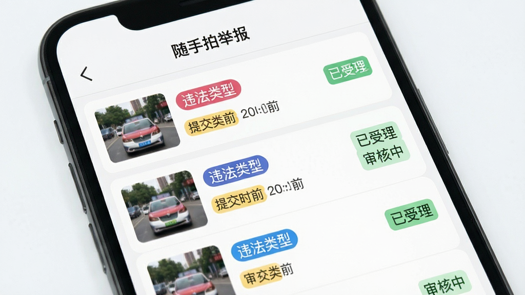 一款名为“随手拍举报”的手机应用举报记录页面展示图,画面主体为手机屏幕,屏幕中显示举报记录列表,每条记录包含缩略图、违法类型标签、提交时间、状态标签如“审核中”“已受理”等,布局为纵向列表式排版,风格为清爽浅色系UI设计,细节上状态标签使用不同颜色区分,整体色调柔和明亮,画质高清,画面干净整洁,无多余元素