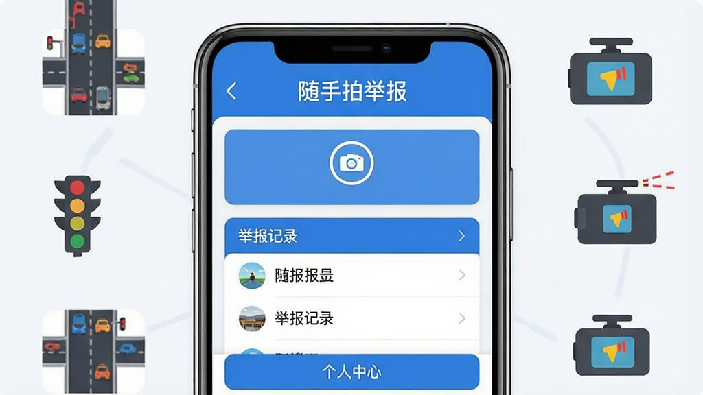 一款名为“随手拍举报”的手机应用界面展示图,画面主体为一部竖屏智能手机,屏幕中央显示软件首页,顶部有“随手拍举报”字样,页面包含拍照举报入口、举报记录列表、个人中心三个主要板块,布局清晰整洁,排版为上下结构,风格为现代简约扁平化设计,细节上手机周围环绕交通道路、红绿灯、行车记录仪等小图标元素,整体色调以蓝白为主,画质高清,画面干净,无多余装饰元素