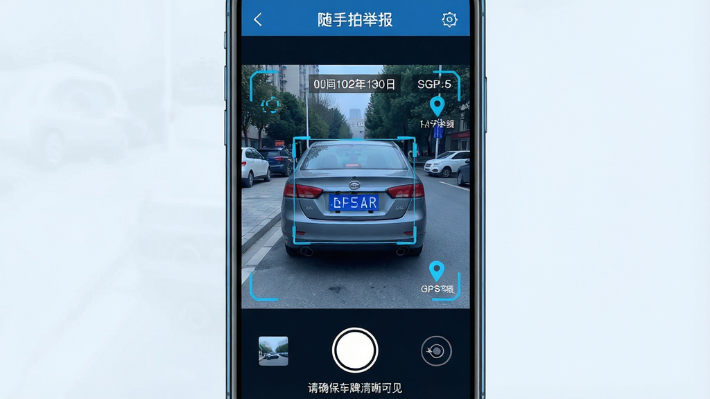一款名为“随手拍举报”的手机应用拍照取证界面展示图,画面主体为手机屏幕特写,屏幕中显示正在拍摄一辆违停车辆,画面上有车牌识别框、时间水印、GPS定位标记等辅助元素,界面下方有拍摄按钮和提示文字“请确保车牌清晰可见”,布局为竖屏全屏取景框,风格为科技感UI设计,细节上取景框四角有对焦框装饰,整体色调偏冷蓝,画质清晰锐利,画面干净,无杂乱背景元素