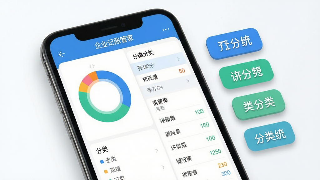 主体为企业记账管家应用内的分类统计界面特写,画面中央是手机屏幕,屏幕中展示彩色环形图与分类列表;布局为左右分栏,左侧手机、右侧悬浮分类图标标签;排版整齐有序,风格为清新扁平化信息图,细节包括蓝绿配色、柔和投影与清晰数字标签,画质高清、画面干净、无多余元素