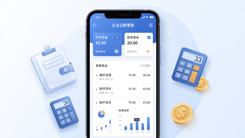 主体为一部竖屏智能手机置于画面中央,屏幕内展示蓝白色调的企业记账管家应用界面,包含收支卡片、流水列表与统计图表;布局采用居中对称构图,手机两侧漂浮半透明的账本、计算器与金币图标;排版简洁留白充足,风格为现代扁平化商务插画,细节包括柔和阴影与渐变背景,画质高清、画面干净、无多余元素