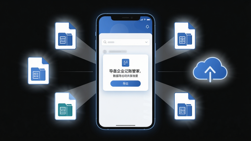 主体为企业记账管家数据导出与共享场景,画面中央为手机屏幕显示导出成功的提示弹窗,周围环绕表格文件图标与云同步符号;布局为中心放射式构图,排版疏密有致,风格为现代商务扁平插画,细节包括蓝白主色调、细线条图标与柔和光晕,画质高清、画面干净、无多余元素