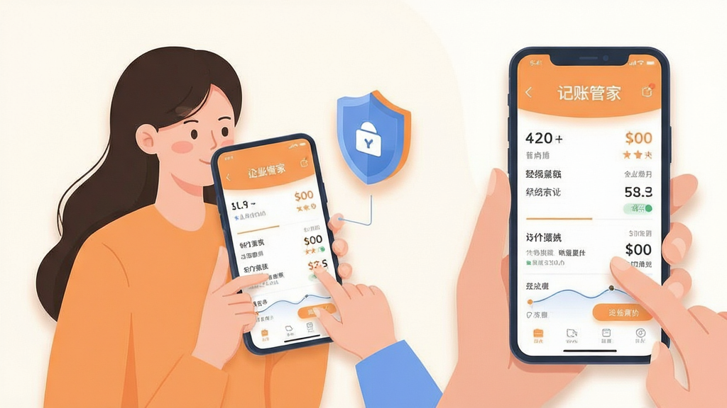 主体为企业记账管家新手使用场景,画面中央为手持手机的用户正在操作记账界面,手机旁浮现盾牌与备份图标;布局为人物半身与手机特写组合,排版简洁明了,风格为温暖扁平化插画,细节包括柔和橙蓝配色、清晰界面元素与轻投影,画质高清、画面干净、无多余元素