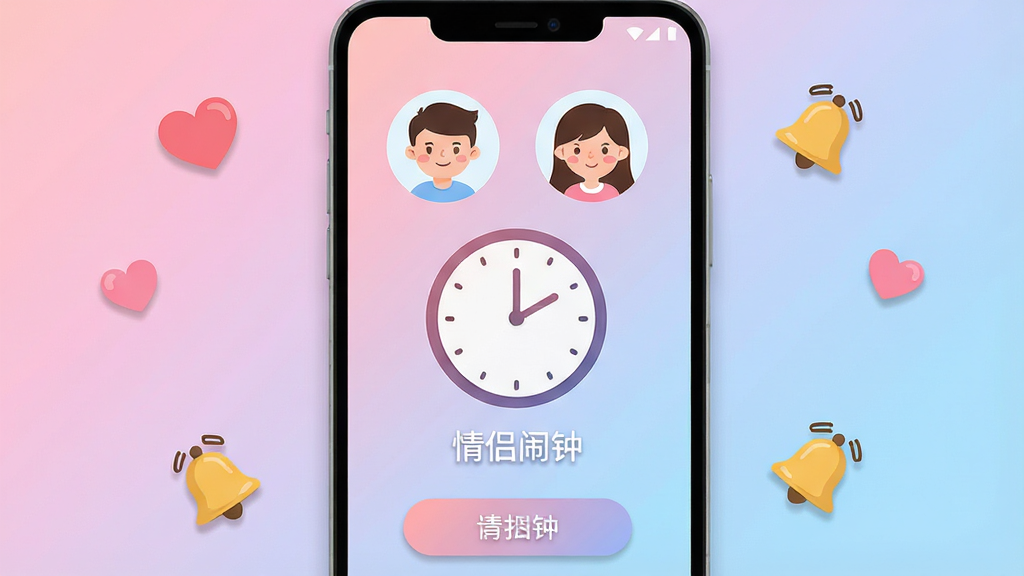 一张展示情侣闹钟软件界面的手机屏幕效果图,画面中央是一部竖屏安卓手机,屏幕上显示情侣闹钟的主界面,包含两个卡通头像、一个圆形的闹钟表盘和