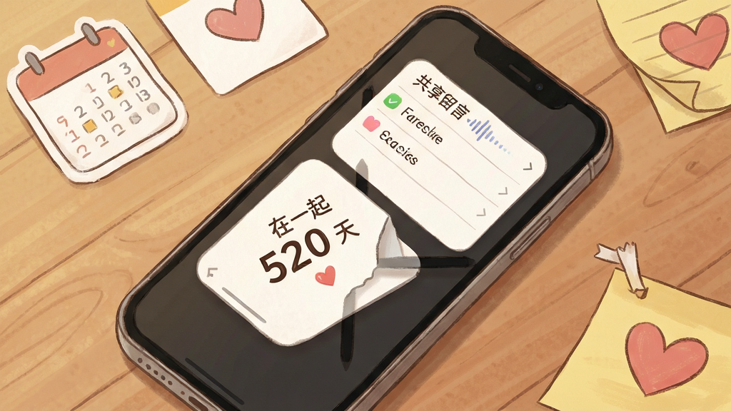 一张情侣闹钟功能展示图,画面中一部手机屏幕显示纪念日倒计时卡片,上面写着