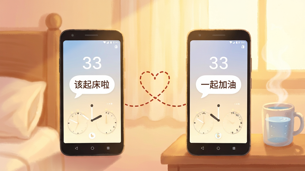 两部并排摆放的安卓手机屏幕同时亮起,各自显示情侣闹钟的提醒界面,屏幕上分别显示