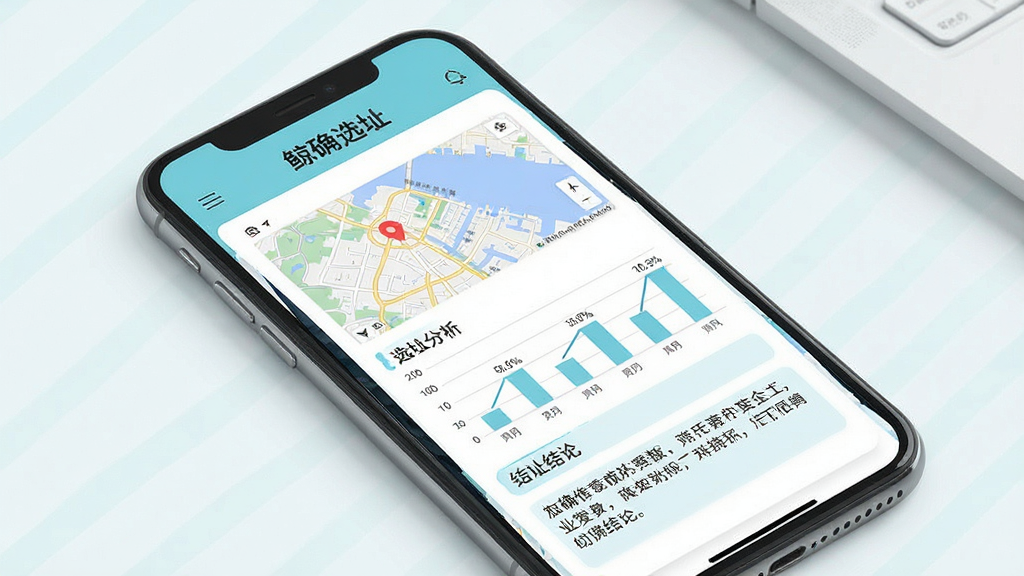 一张展示选址报告生成效果的示意图,画面中手机屏幕显示一份图文并茂的选址分析报告,包含地图截图、数据图表和结论文字,报告页眉处标注“鲸确选址”,整体采用清新浅色风格,排版清晰有层次,细节干净,画质高清,无多余装饰元素