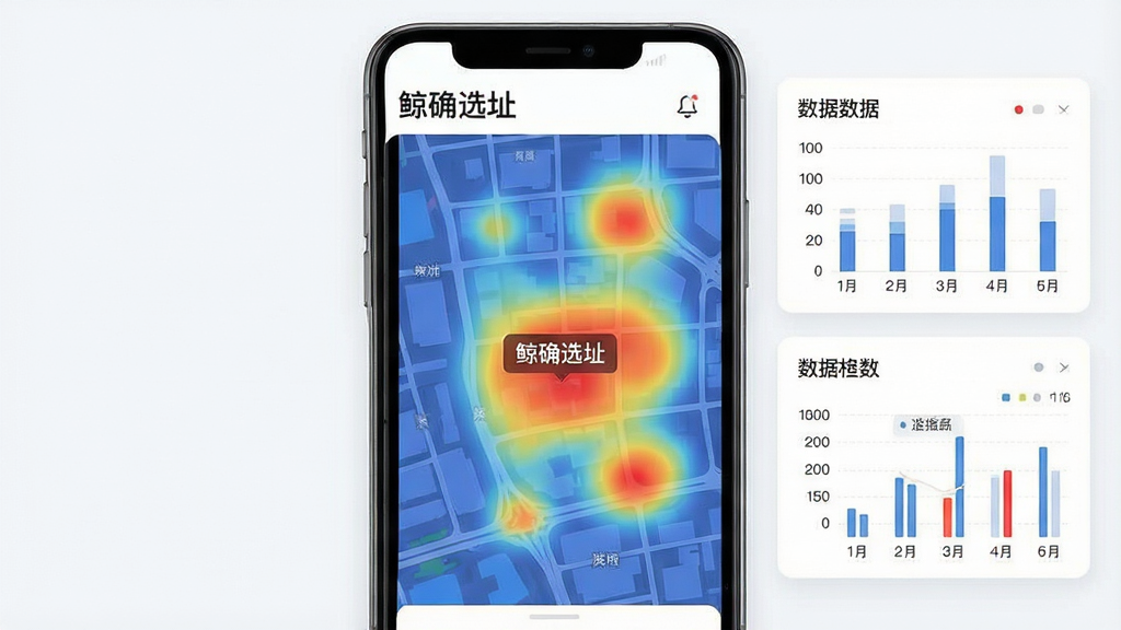 一幅展示商圈热力分析的界面示意图,画面主体是手机屏幕上的城市街区地图,用从蓝到红的渐变色块表示人流热度,地图上标注“鲸确选址”软件名称,旁边配有简洁的数据面板和图表,整体风格清爽现代,排版规整,细节清晰,画质高清,画面干净无多余元素